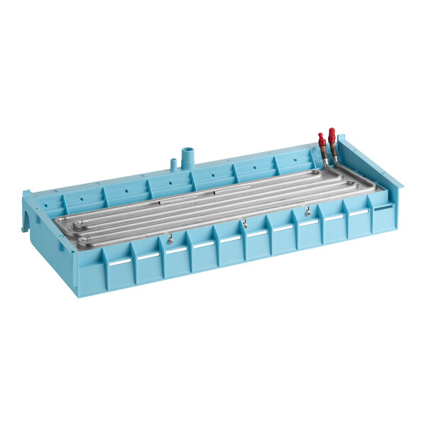 An evaporator unit for an Avantco EUC-H-340-A ice machine, featuring a blue plastic housing and metal tubing.