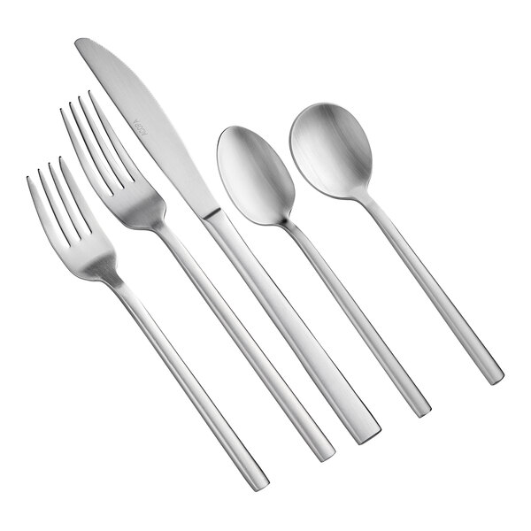 A five-piece set of satin-finish stainless steel flatware including two forks, a knife, and two spoons.