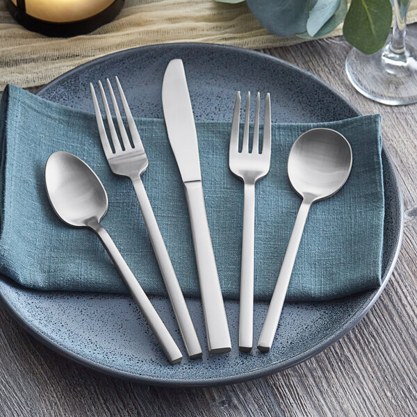 A five-piece set of satin-finish stainless steel flatware, including two forks, two spoons, and a knife, displayed on a blue napkin and plate.