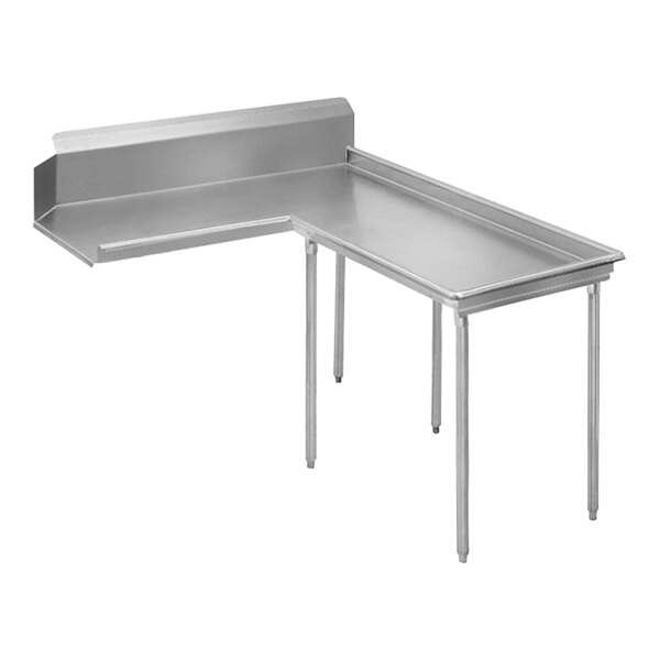 A stainless steel L-shape dishtable with legs and a corner.