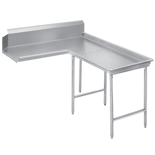 A stainless steel L-shaped dishtable with rectangular tops.