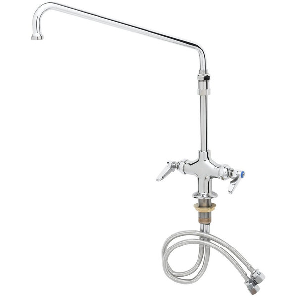 A chrome T&S deck-mounted pantry faucet with a hose.
