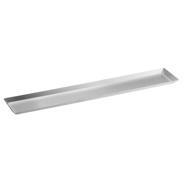 A rectangular stainless steel appetizer tray with an angled brim.