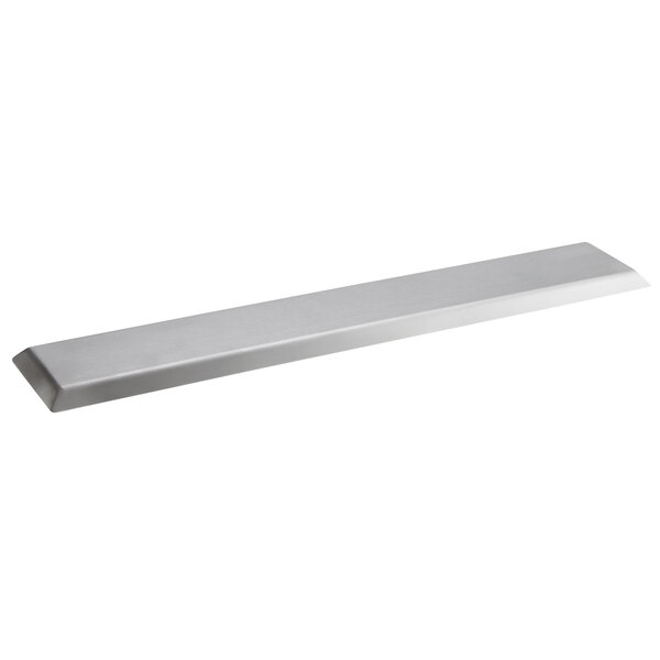 A rectangular stainless steel appetizer tray with an angled brim.