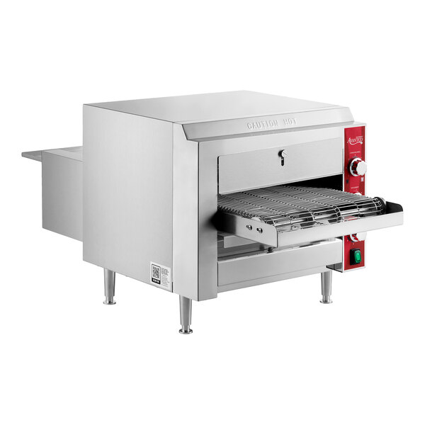 A stainless steel countertop ventless radiant electric conveyor oven with a 14-inch wide belt.