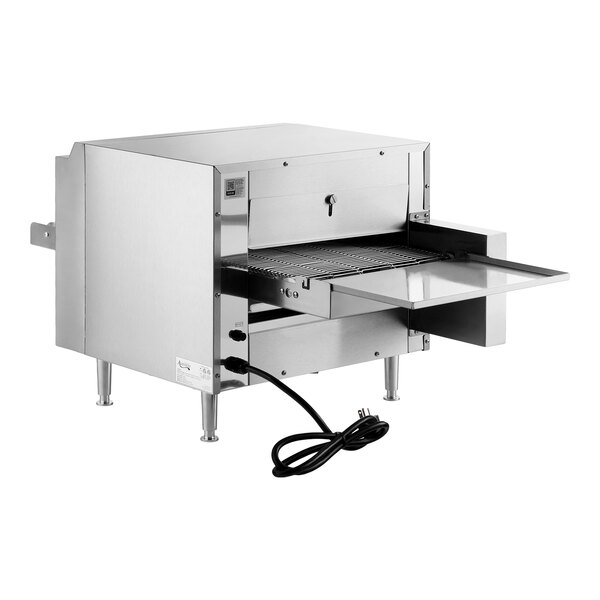 A stainless steel countertop ventless radiant electric conveyor oven with a 14-inch wide belt and power cord.