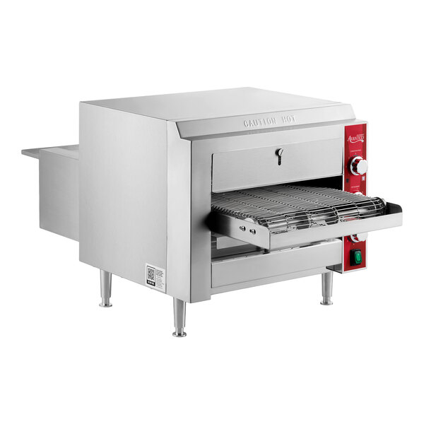 A stainless steel countertop ventless radiant electric conveyor oven with a 14-inch wide belt and control panel on the side.