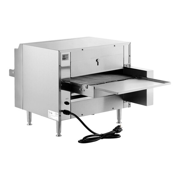 A stainless steel countertop ventless radiant electric conveyor oven with a 14-inch wide belt and power cord.