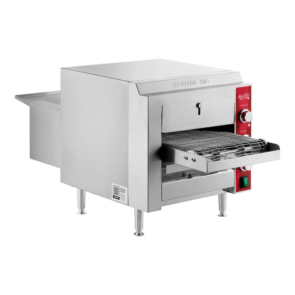 A stainless steel countertop ventless radiant electric conveyor oven with a 10 1/2 inch wide belt.