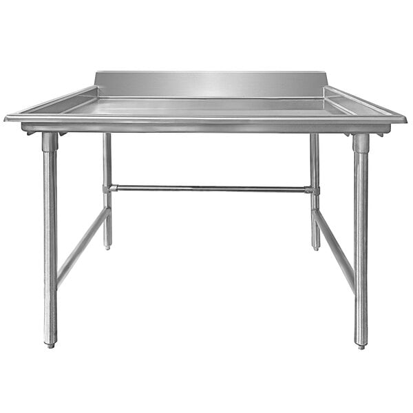 A silver stainless steel Advance Tabco sorting table with legs.