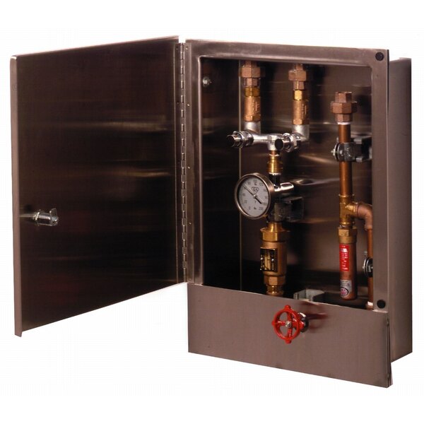 A metal box with pipes and valves inside.