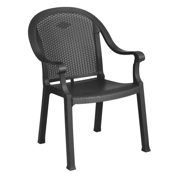Grosfillex US720002 Sumatra Charcoal Classic Stacking Resin Armchair - Pack of 4