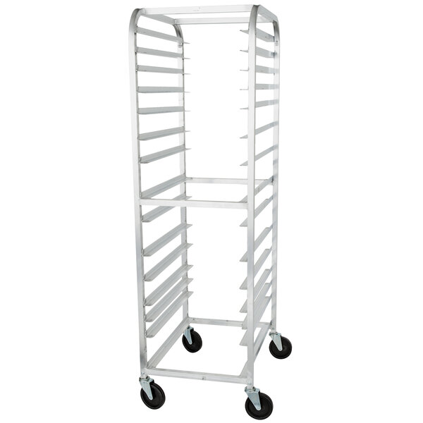 A white metal sheet pan rack with wheels.