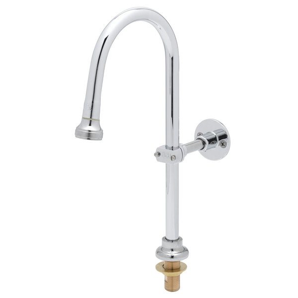 A chrome T&S deck mounted faucet with a rigid gooseneck spout and rosespray outlet.