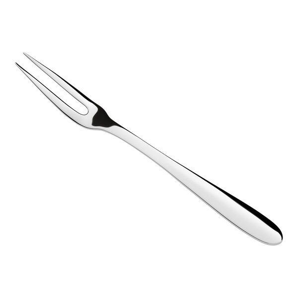 A stainless steel escargot fork with two tines and a polished finish.