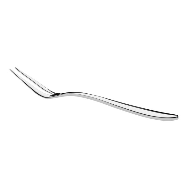 A stainless steel escargot fork with two tines and a curved handle.
