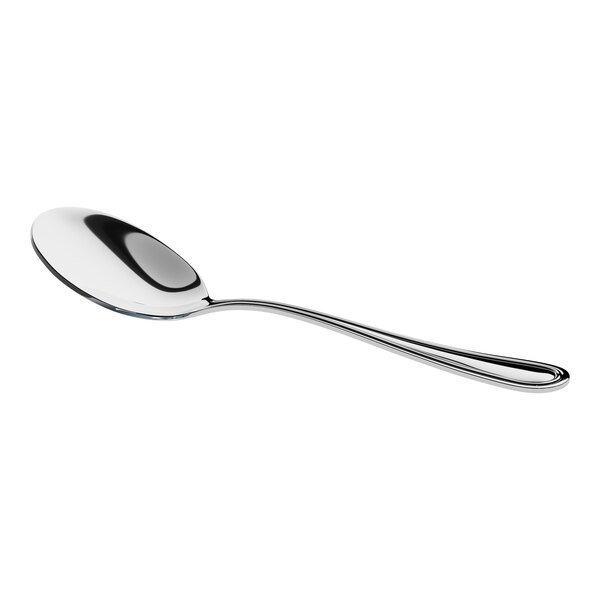 A stainless steel bouillon spoon with a smooth, rounded handle.