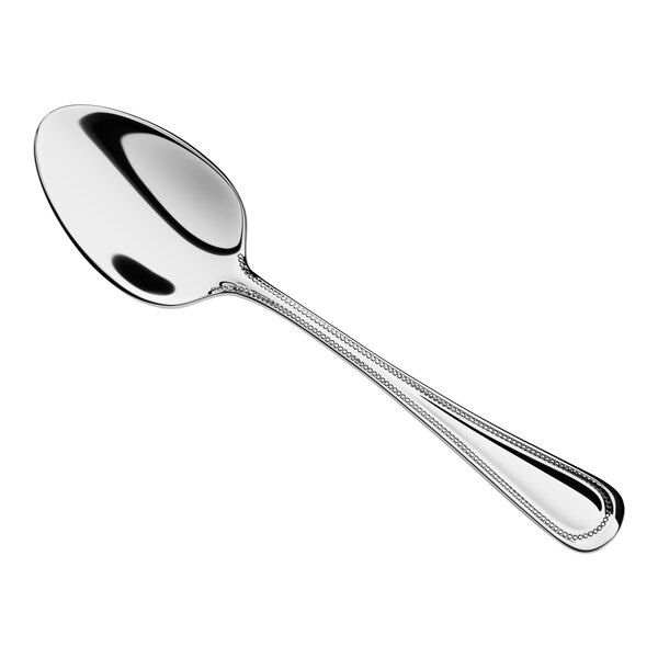 A stainless steel dinner or dessert spoon with a beaded edge design.