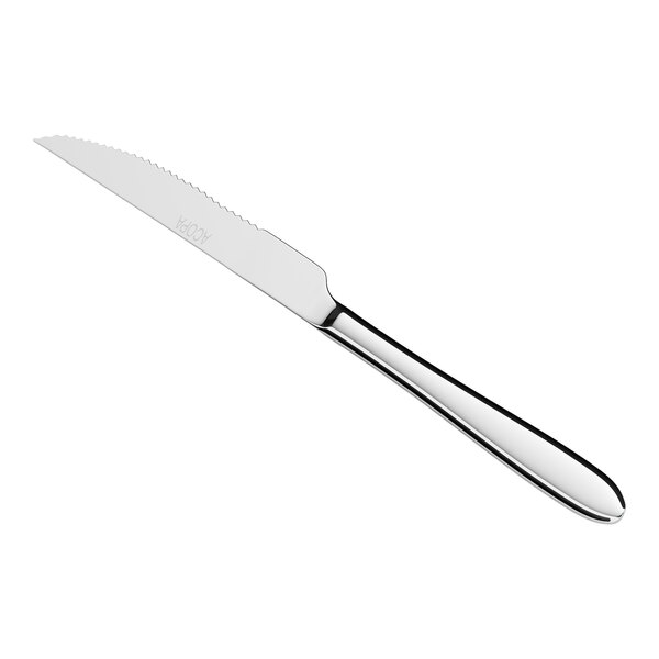 A stainless steel steak knife with a serrated edge and a polished handle.