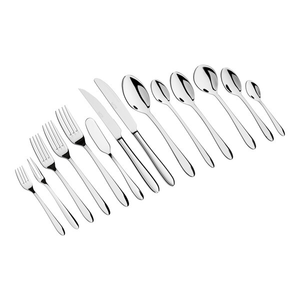 A set of stainless steel flatware including forks, knives, and spoons arranged in a row.