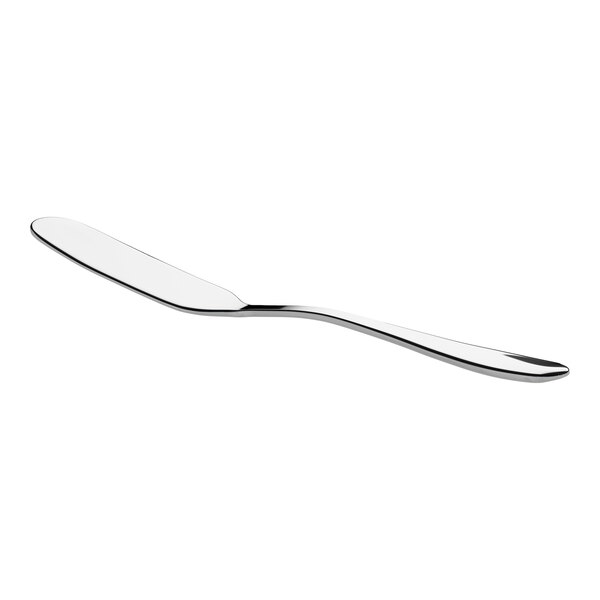 A stainless steel butter knife with a curved handle and a rounded blade.