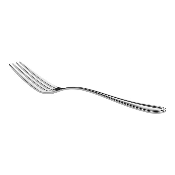 A stainless steel European table fork with a polished finish.