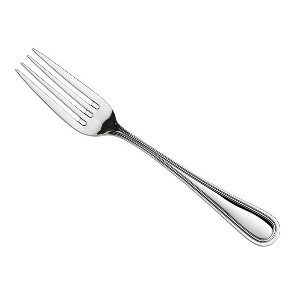 A stainless steel European table fork with a polished finish and a simple, elegant design.