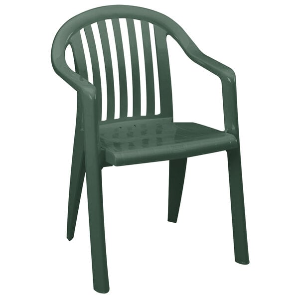 A pack of 4 green Grosfillex Miami lowback resin armchairs.