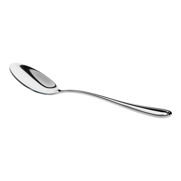 A stainless steel dessert spoon with a simple, polished design.