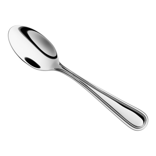 A stainless steel heavy weight demitasse spoon with a simple, polished design.