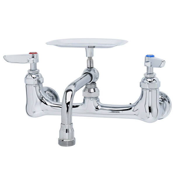 A chrome T&S wall mount faucet with two handles and a soap dish plate.