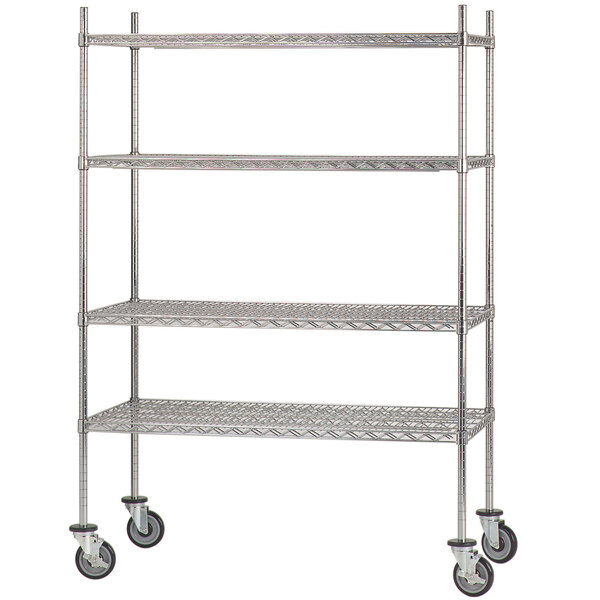 A chrome wire shelving unit with wheels and four shelves.