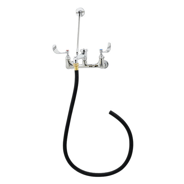 A chrome T&S wall mount mop sink faucet with a hose attached.