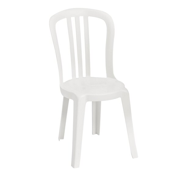 A pack of white plastic Grosfillex Miami bistro chairs with a white background.