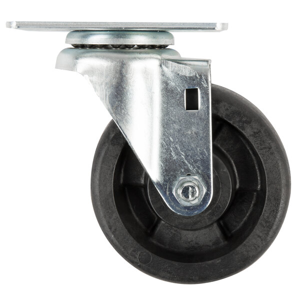 A black and silver metal swivel caster wheel with a built-in grease fitting.