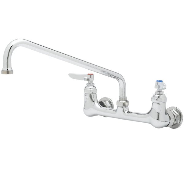 A T&S chrome wall mount faucet with two handles and an 8" swing nozzle.