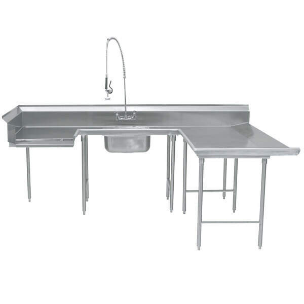 A stainless steel U shape dishtable with a sink and faucet.
