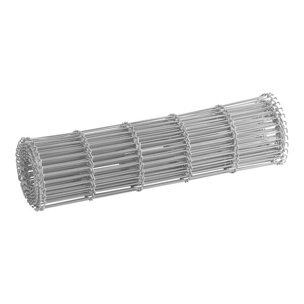 A rolled metal conveyor chain with evenly spaced horizontal bars and circular end loops.