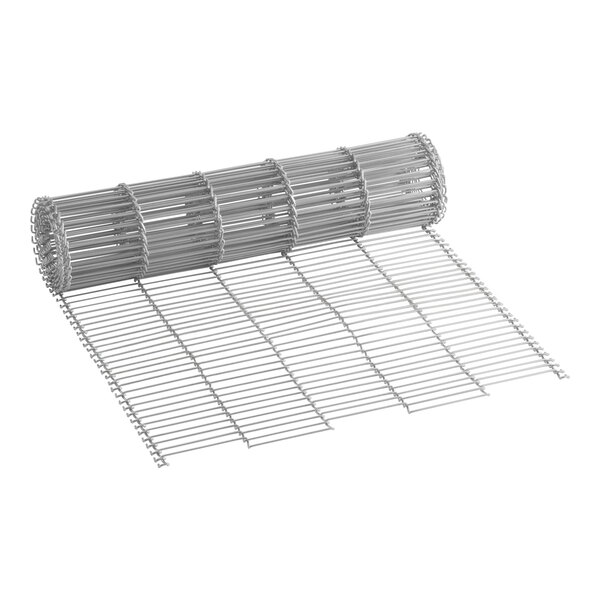 A metal wire conveyor chain partially unrolled on a white background.