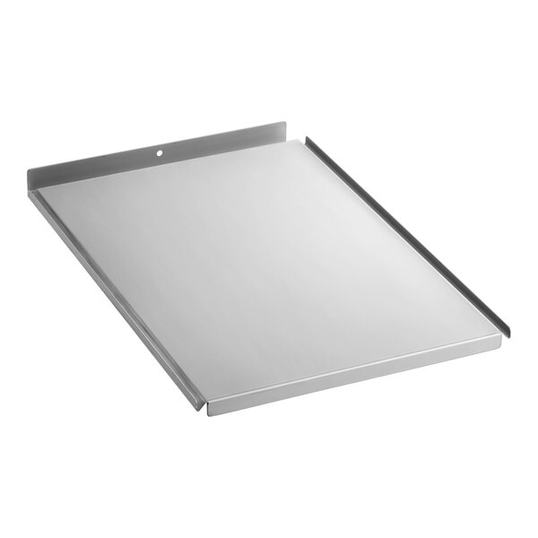 A rectangular metal tray with raised edges on three sides and a small hole in the back edge, photographed on a white background.