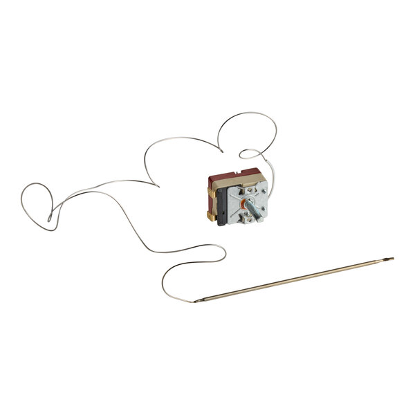 A metal thermostat component with a long, coiled sensor wire and a rectangular control unit.