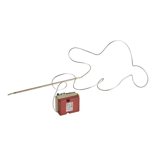 A metal probe attached to a long, coiled wire and a small rectangular control box with a label.