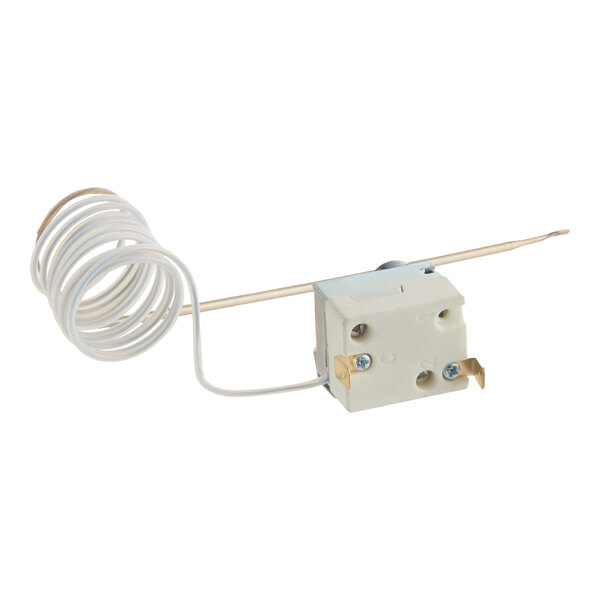 A device with a coiled white wire, a rectangular white component with metal terminals, and a long thin metal probe.