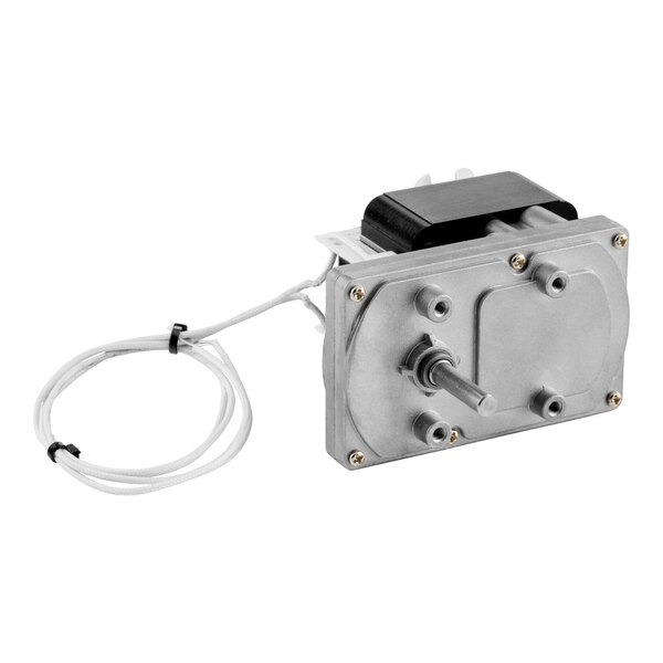 A rectangular metal motor with a protruding shaft, attached wiring, and a black component on top.