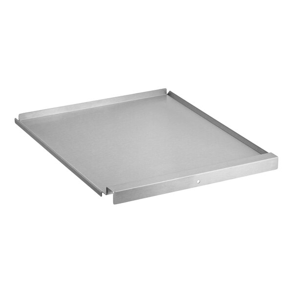 A rectangular metal tray with raised edges on three sides, likely made of stainless steel.