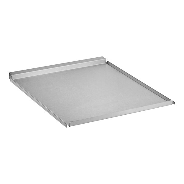 A rectangular metal tray with raised edges on three sides, likely made of stainless steel.