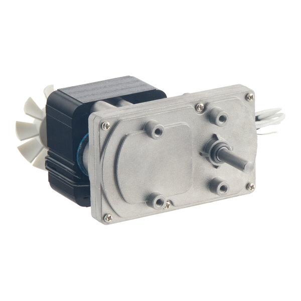A metal and plastic motor assembly with a protruding shaft and a white fan-like component on one end.