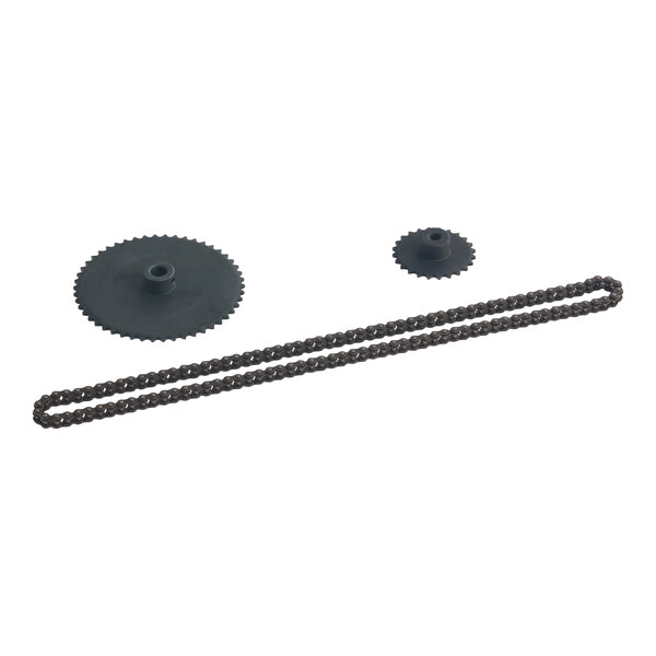 Two black gears of different sizes and a matching metal chain are arranged on a white background.