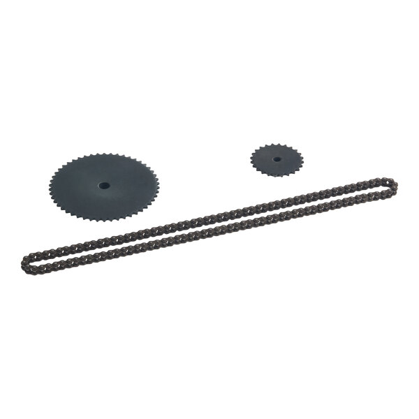 Two black metal gears of different sizes and a matching metal chain are displayed on a white background.