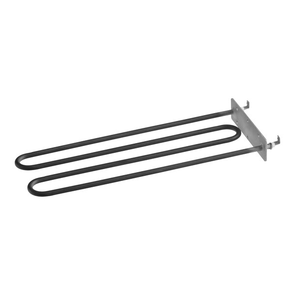 A metal heating element with a rectangular mounting plate and two elongated, looped rods.